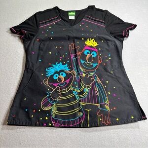Sesame Street Bert Ernie Nurse Scrub Top Womens Medium Black Colorful